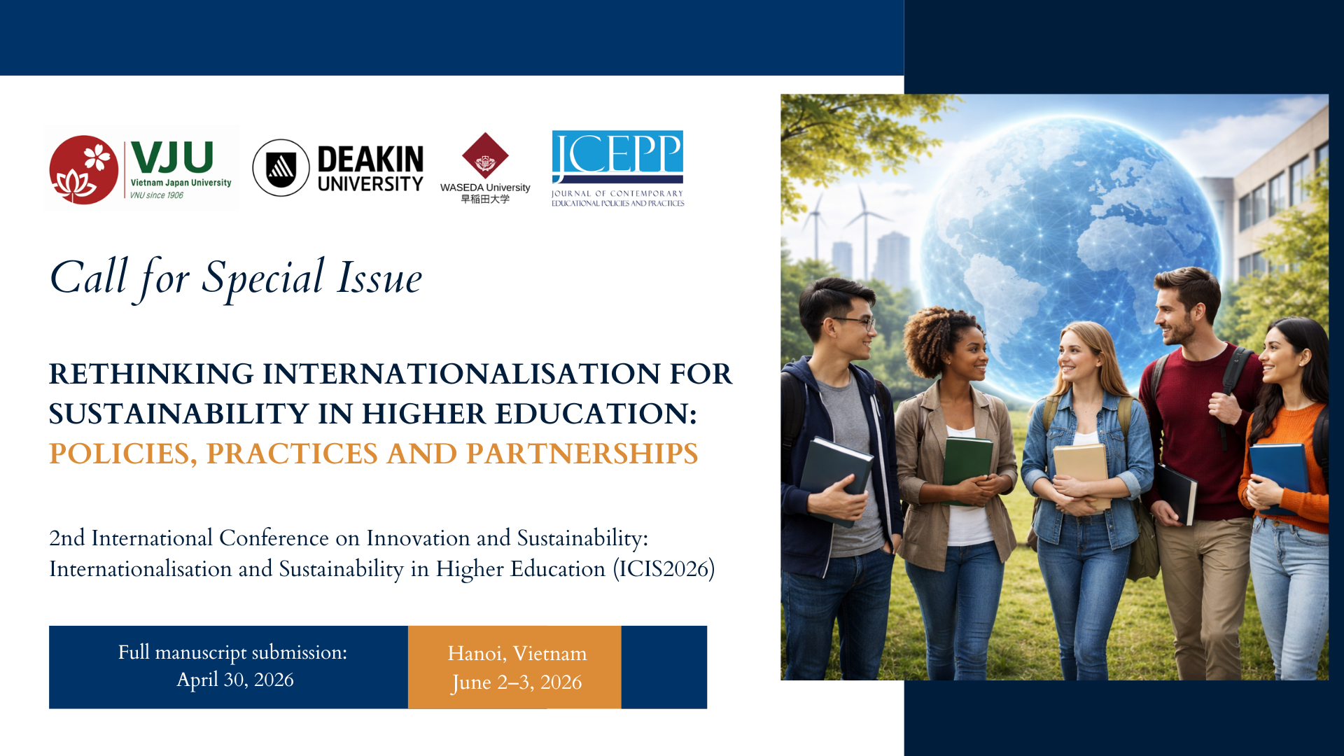 Thư mời viết bài cho Số đặc biệt (JCEPP) trong khuôn khổ Hội thảo quốc tế “International Conference on Internationalisation and Sustainability in Higher Education (ICIS2026)”