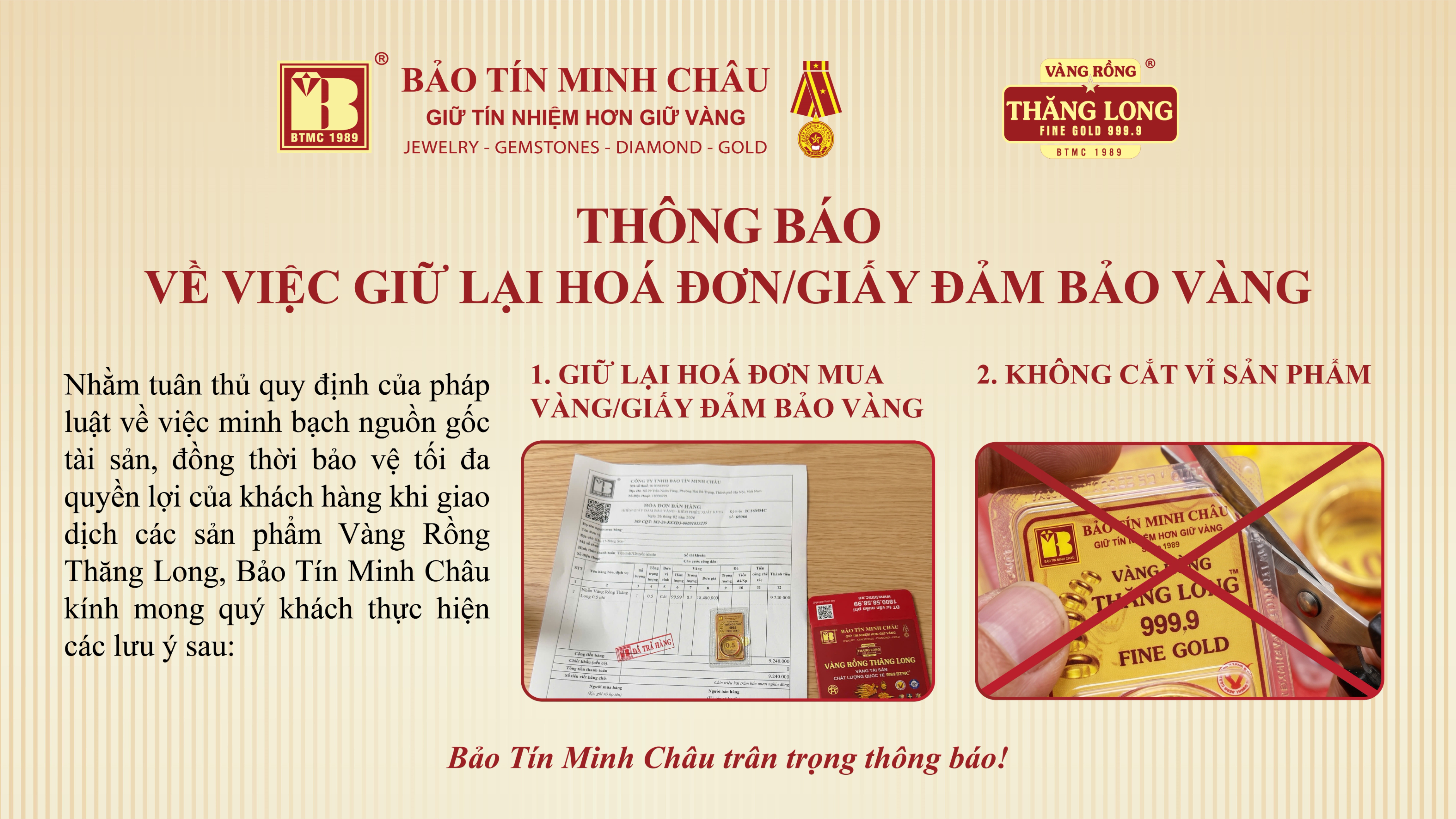 Công ty Vàng bạc Đá quý Bảo Tín Minh Châu hướng dẫn khách hàng lưu giữ hóa đơn và thực hiện chuyển khoản đúng quy định